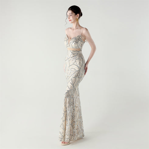 Graceful Sequin Embellished Mesh Mermaid Maxi Dress